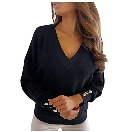 OutTop Women Sweaters Tops Buckle Long Sleeve Casual V Neck Solid Loose T Shirts Pullover Tunic Blouse Sweatshirts -Black  XL-