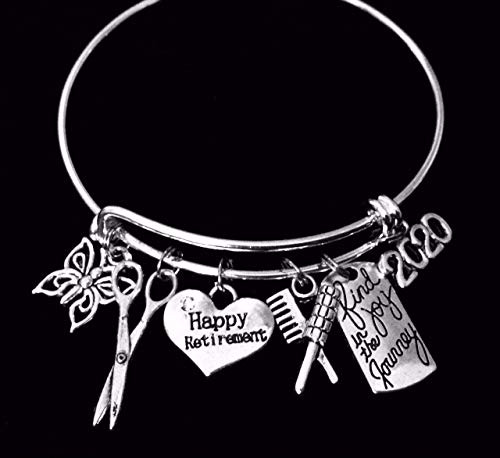 Retirement Gift for Hair Stylist Happy Retirement 2020 Expandable Silver Charm Bracelet Adjustable Bangle One Size Fits All Gift Personalization Available