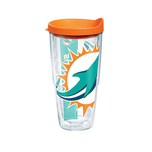 Tervis 1085208 NFL Miami Dolphins Colossal Tumbler with Wrap and Orange Lid 24oz, Clear