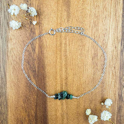 Emerald bead bar crystal gemstone anklet in 925 sterling silver - 8inch  chain with 2inch  adjustable extender - May birthstone
