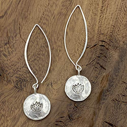 Sterling Silver Boho Lotus Small Medallion Long Drop Earrings  Handmade Yoga Rustic Antique style Charm Bead on Dangle  Gift for Her