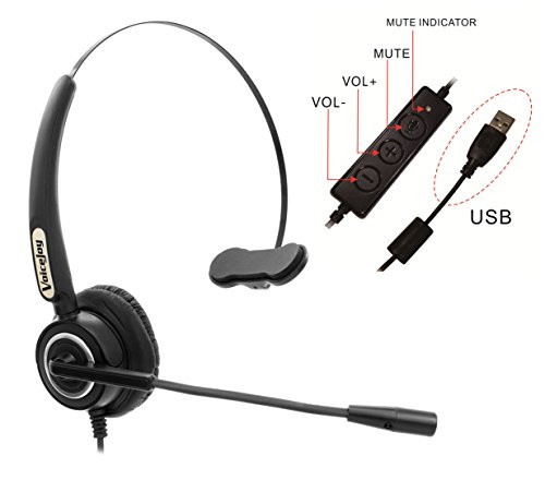 VoiceJoy Call Center Noise Cancelling Corded Monaural Headset Headphone with Mic Microphone with USB Plug For Computer and Laptop, Volume Control and Mute Switch,Additional 1 piece Ear Pad