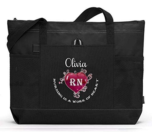 Personalized Nursing is a Work of Heart  RN  LPN  CNA  CMA Tote Bag with Mesh Pockets