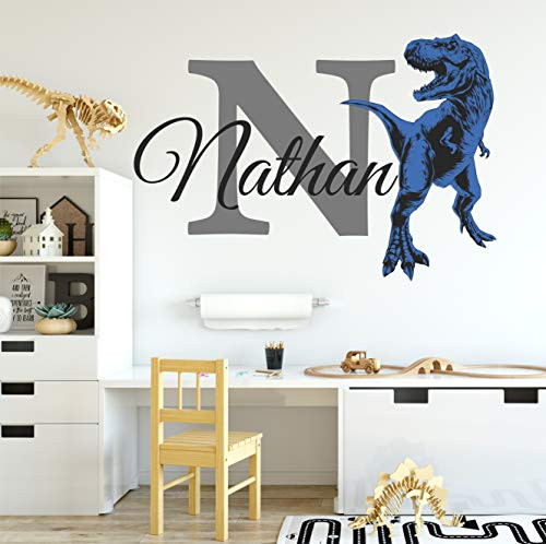 Boys Nursery Blue T Rex  Tyrannosaurus Dinosaurs Personalized Custom Name and Initial Vinyl Wall Decal  Wall Decor Wall Stickers -Medium-