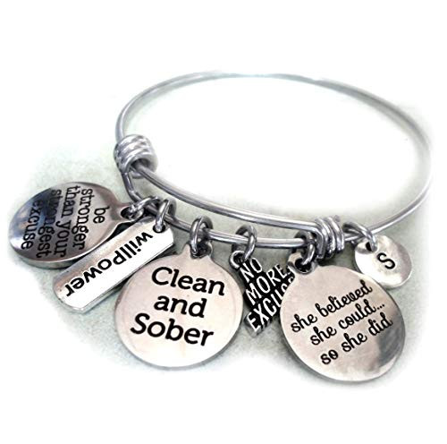 Sobriety Bangle Bracelet  Clean and Sober  She Believed She Could  No More Excuses  Sobriety Anniversary Gift  AA  NA Recovery Gift