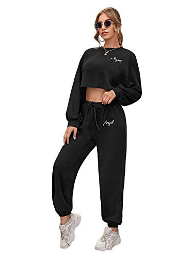 SweatyRocks Women_s 2 Pieces Outfits Long Sleeve Crop Top and Sweatpants Jogger Set Black Letter S