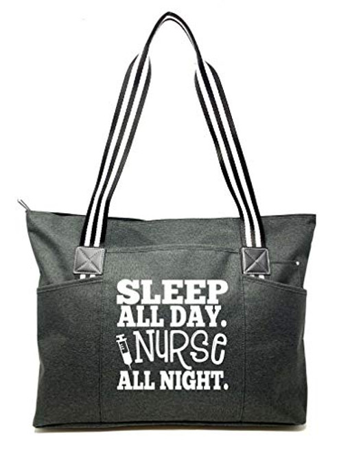 Large Nursing Zippered Tote Bags with Side Pockets - Nurse All Night Black - Perfect for Work  Gifts for CNA  RN  Nursing Students -Nurse All Night Black-