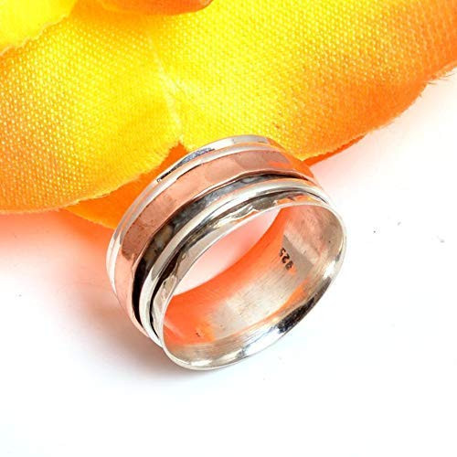 Anxiety Ring for Meditaion  Textured Ring  925 Sterling Silver Band  Brass and Copper Spinner Ring for Women  Gift Ring for Mother_s Day