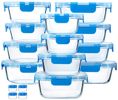 12-Piece Blue Glass Food Storage Containers with Upgraded Snap Locking Lids Glass Meal Prep Containers Set - Airtight Lunch Containers  Microwave  Oven  Freezer and Dishwasher