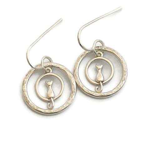 Cat earrings sterling silver small dangle hoop earrings for women teen girls cat lover jewelry Cat earrings sterling silver small dangle hoop earrings for women teen girls cat lover jewelry