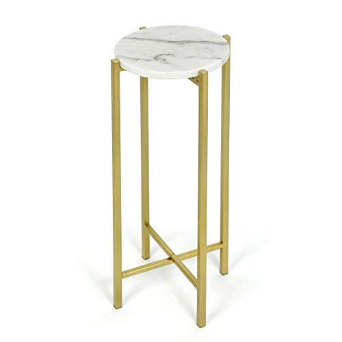 Urban Shop White Marble Collapsible Side Accent Drink Table with Gold Metal Legs