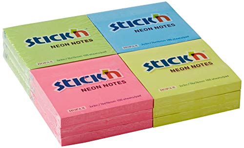 Stick N 21332 Sticky Note 76x76mm Neon - Assorted Colour -Pack of 12-