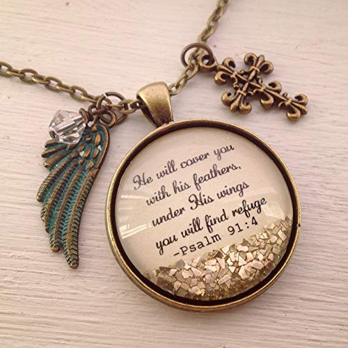 Bible verse necklace  Psalm 91 4  Christian necklace. scripture jewelry  baptism gift  inspirational gift