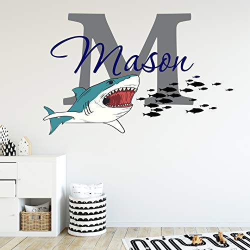 Boys Nursery Great White Shark Bite Personalized Custom Name and Initial Vinyl Wall Decal  Decor Wall Stickers -Medium-
