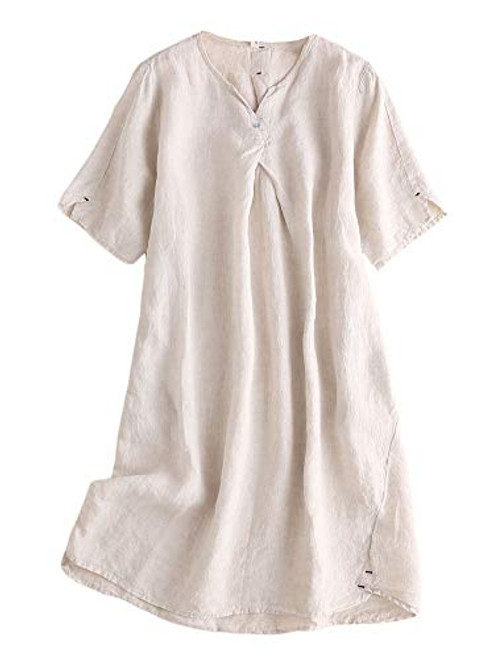 Mordenmiss Women_s Linen Tunic Dresses V-neck Baggy Midi Dress Hi-low Tops -Nature XXL-