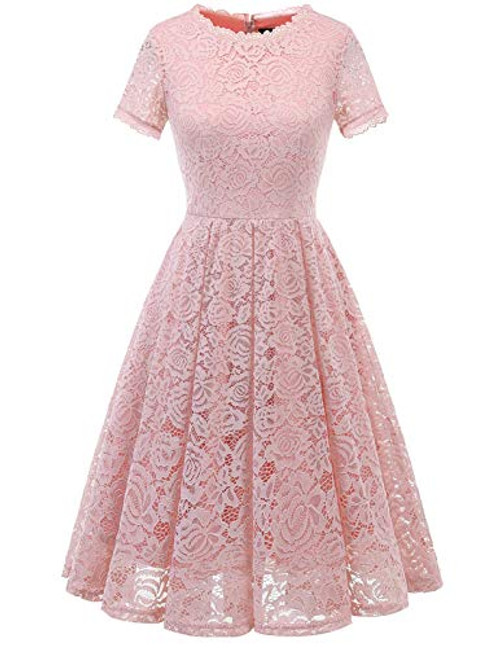 Dress for Wedding Guest Women Bridesmaid Elegant Tea Dress Floral Lace Formal Swing Dress Blush XL