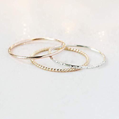 stackable rings. set of THREE stacking bands. minimalist hammered boho rings. knuckle rings. 14k gold filled sterling silver and 14k rose gold rings.