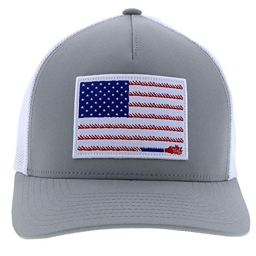 HOOEY  Liberty Roper  Grey White Flexfit Hat with Flag Patch S M - Stretch Fit Cap