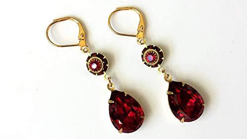 Swarovski Ruby and Garnet Earrings Gold Crystal Drop Art Deco Jewelry Holiday Gifts for Her