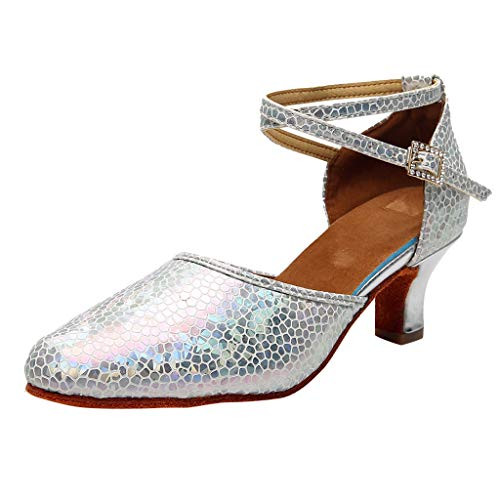Henwerd Womens Latin Dance Shoes Heeled Ballroom Salsa Tango Rumba Waltz Dance Shoes Practice Prom Shoes -Silver 9 US-