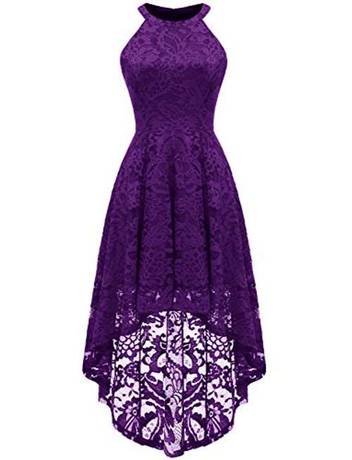 Dressystar 0028 Halter Floral Lace Cocktail Party Dress Hi-Lo Bridesmaid Dress Purple XL