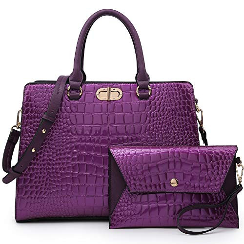 Dasein Women Handbags Fashion Satchel Purses Top Handle Tote Work Bags Shoulder Bags with Matching Clutch 2pcs Set -alligator purple-