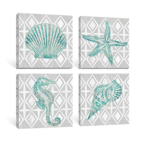 Takfot Bathroom Wall Art Sea Animals Artwork Pictures Coastal Beach Decor for Home Contemporary Teal Pictures Ocean Canvas Paintings Living Room Bedroom Dining Room 12x12 inch  4 Panels