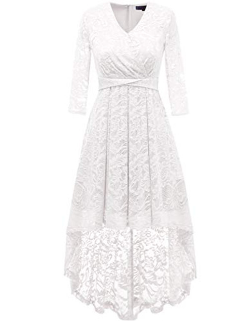 DRESSTELLS Women_s Vintage Floral Lace 3 4 Sleeves Dress Hi-Lo Cocktail Party Swing Dress White XL DRESSTELLS Women_s Vintage Floral Lace 3 4 Sleeves Dress Hi-Lo Cocktail Party Swing Dress White XL