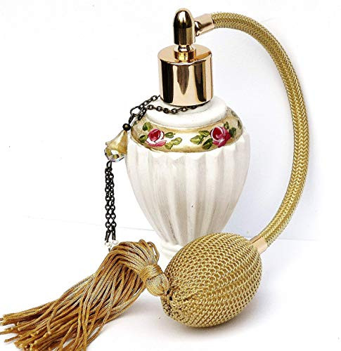 White and Gold Elegant Vintage Style Glass Spray Perfume Bottle Atomizer with Bulb Spray and Painted Pink Roses Victorian Decor