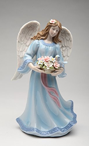 Cosmos Gifts 80112 Fine Porcelain Angel with Bluebird  and  Flowers Basket Musical Music Box Figurine -Music Tune  Morning Mood by Edvard Grieg-  8inch  H