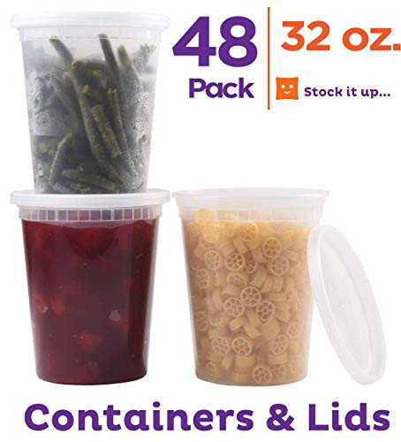 [48 Pack, 32 oz] Plastic Deli Food Storage Soup Containers With Airtight Lids, Freezer Safe | Meal Prep | Stackable | Leakproof | BPA Free