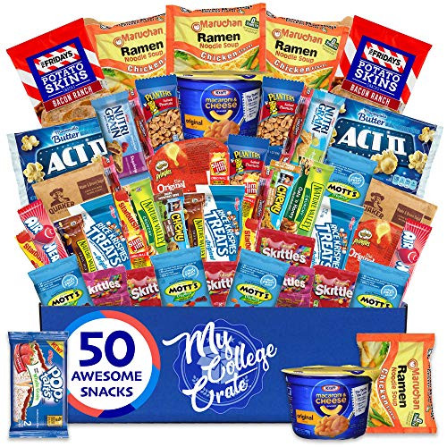 My ?College? Crate? ?Microwave? Snack Care Package - ?50 Piece? Bulk Variety Pack Box for Adults ?and ?Kids ?with Ramen ?Mix?  ?Popcorn  Mac n Cheese  Assorted Chips  Granola Bars and Candy