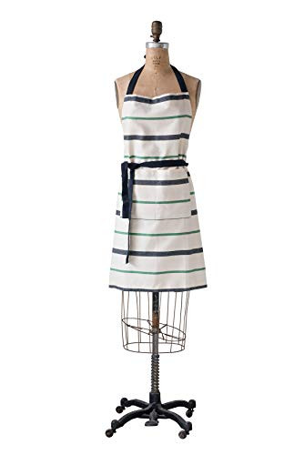Creative Co-Op Cream Apron with Black & Green Stripes & Pocket
