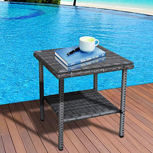 Valita Outdoor PE Wicker Side Table Glass Top Garden Poolside Small Patio Rattan Furniture Square End Table  Dark Grey