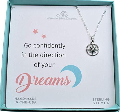 Sterling Necklace Go Confidently In The Direction of Your Dreams on 18 Inch Sterling Silver Cable Chain. Compass Necklace. Gift for Wife  Girlfriend  Graduation and Retirement.