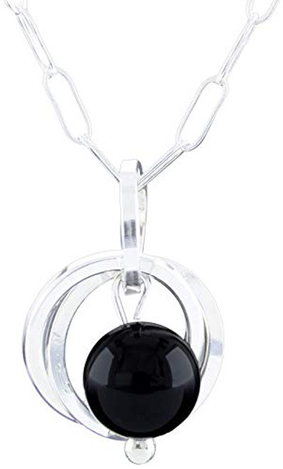 Dainty Real Black Onyx Pendant Necklace with .925 Sterling Silver Circles Minimalist Jewelry Gift Idea for Women - 18inch