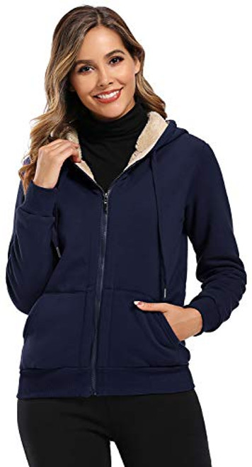 Obosoyo Women_s Casual Winter Warm Sherpa Lined Thick Zip Up Hooded Sweatshirt Jacket Coat Navy XS