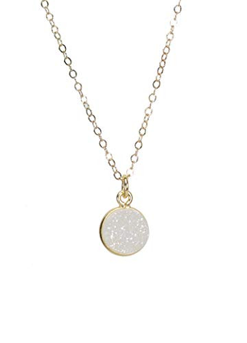 White Round Druzy Quartz Gemstone Necklace- Women_s Jewelry Holiday Gift Idea- 14k Gold Filled