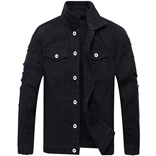 LZLER Jean Jacket for Men  Classic Ripped Slim Denim Jacket with Holes -Black2023  Medium-