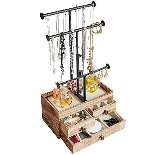 TWING Jewelry Tree Stand Organizer 3 Tier Metal Adjustable Jewelry Holder Stand with Wood Basic Storage Box for Necklaces Earrings Bracelets and Rings Carbonized Black