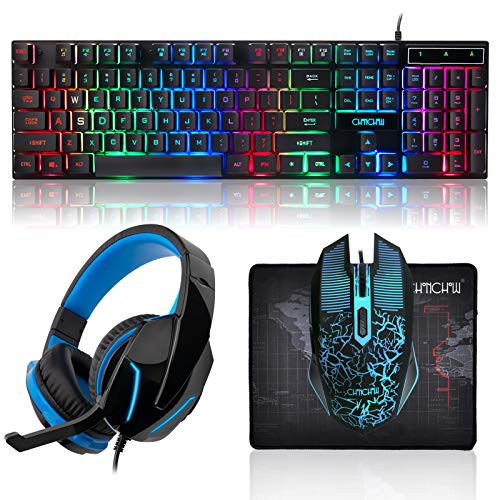 CHONCHOW Gaming Keyboard Mouse and Gaming Headset and Mouse Pad Combo  Rainbow LED Backlit USB Wired  All in 1 PC Gamer Bundle for PC  Tablet  Mobile Phones