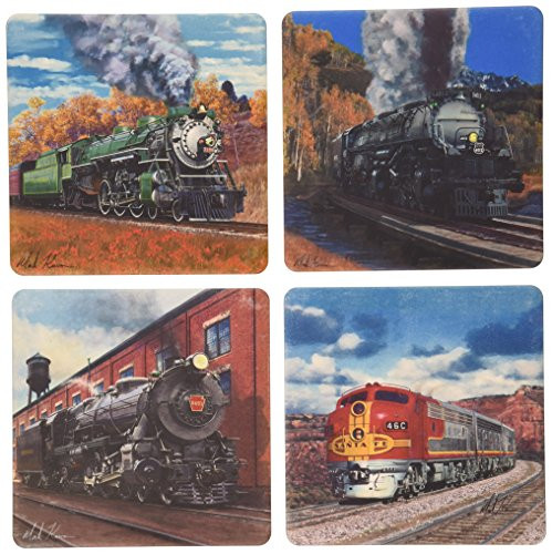 CoasterStone AS1950 Absorbent Coasters, 4-1/4-Inch, "Trains", Set of 4