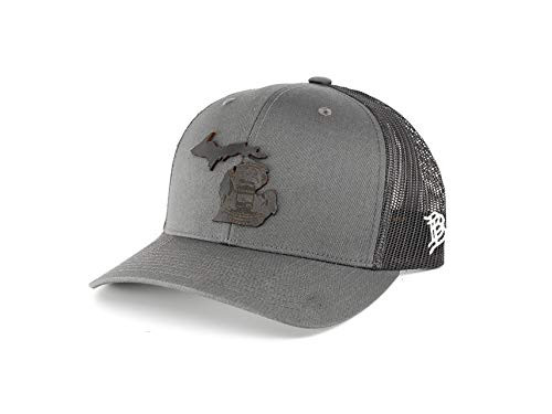 Branded Bills Michigan _Midnight 26_ Black Leather Patch Hat Curved Trucker - OSFA Charcoal Black