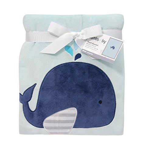 Lambs & Ivy Appliqued Whale Minky Blanket, Blue/Teal