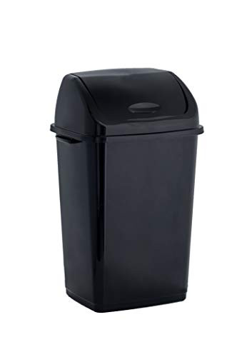 Superio Plastic Trash Can 13 Gallon Black  with Swing Top Lid - 50 Liter Durable Kitchen Trash Can Swing Cover