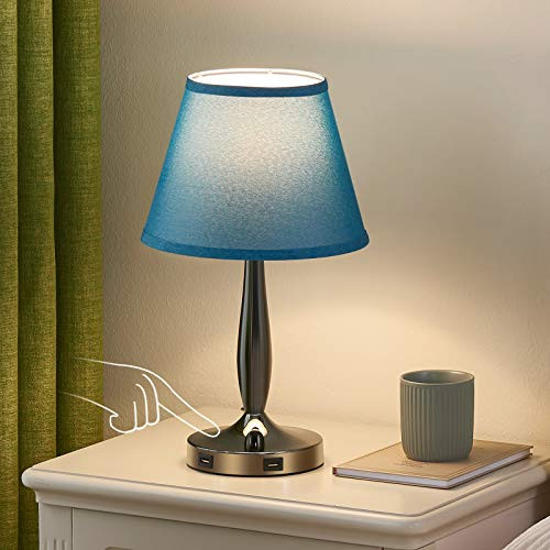 Touch Table Lamp with USB Ports for Bedroom  Kakanuo Turquoise Blue Touch Bedside Lamp with 2 USB Charging Ports  3 Way Dimmable Nightstand Lamp for Living Room and Office -LED Bulb Included-