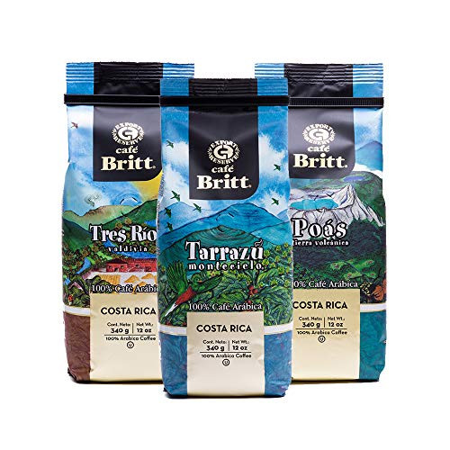 Cafe Britt® - Costa Rican Origins Coffee Bundle -12 oz.- -3-Pack- -TarrazU  Tres Ríos  and  Poás- - Ground  Arabica Coffee  Kosher  Gluten Free  Gourmet  and  Medium Light  and  Dark Roast -1 Year Shelf-Life-
