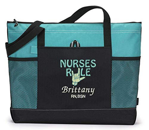 Nurses Rule RN  LPN  LVN  Nurse Personalized Embroidered Tote Bag with Mesh Pockets  Front Pocket  Zippered Closure