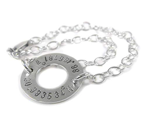 Longitude Latitude Washer Bracelet - Personalized GPS Coordinates - Hand Stamped Genuine Sterling Silver - Custom Jewelry