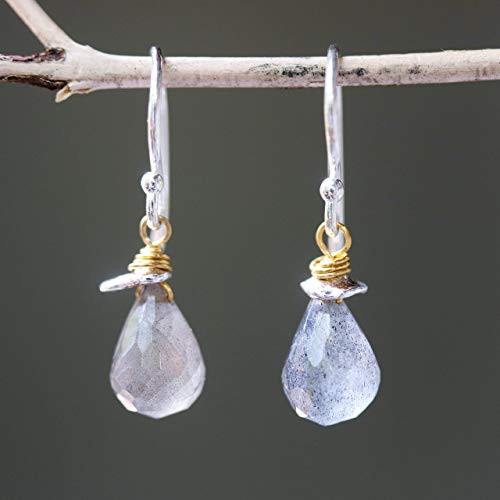 Earrings Teardrop faceted labradorite with gold plated on silver wire wrapped on sterling silver hooks style